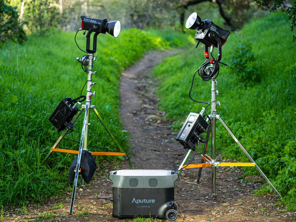 The Aputure DELTA Pro (Powered by EcoFlow) powering an Aputure Light Storm 1200d Pro and LS 600d Pro outdoors