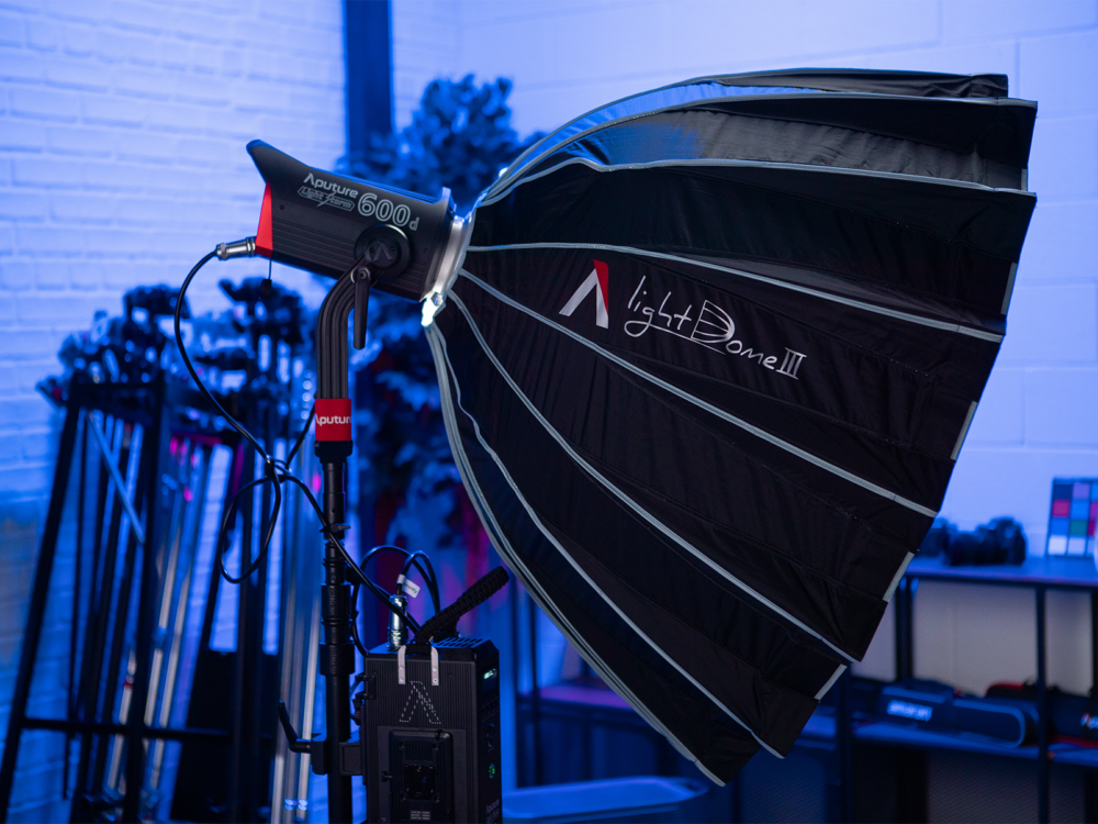All-new Aputure Light Dome III paired with the Light Storm 600d Bowens Bowens Mount point-source light.