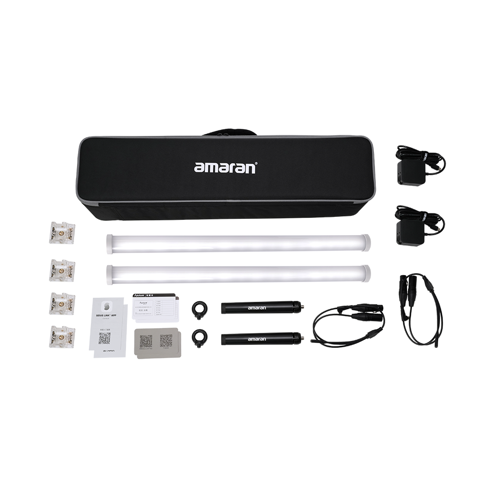 Flat lay of the contents included in the amaran PT2c 2-Light Production Kit, an LED pixel tube light.