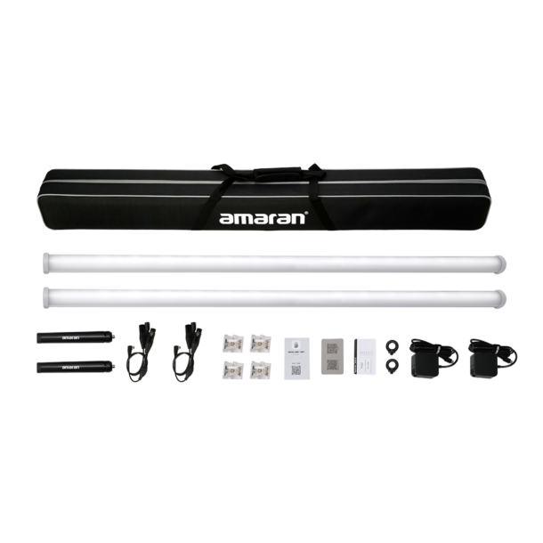 Flat lay of the contents included in the amaran PT4c 2-Light Production Kit, an LED pixel tube light.